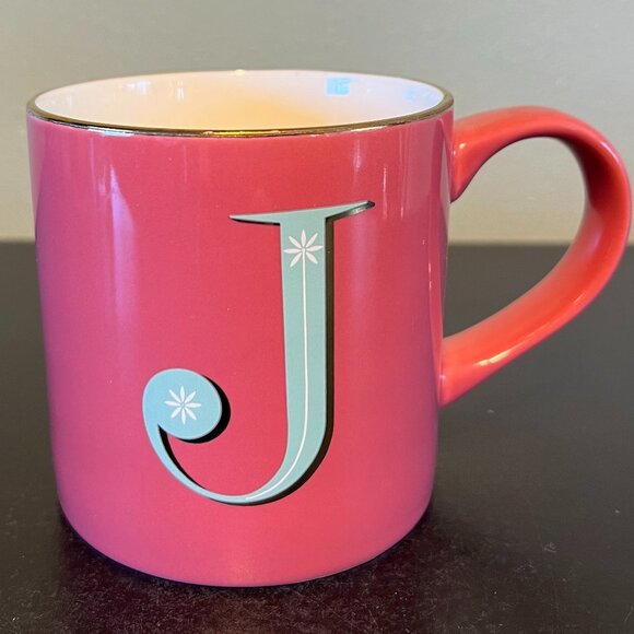 OPALHOUSE Letter J  Initial Monogram Pink & Metallic Gold Ceramic Mug ~ Ribbed - Picture 2 of 11